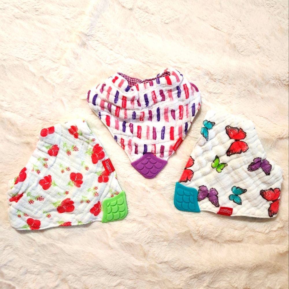 Nuby Reversible 100% Natural Cotton Muslin 3 Piece Teething Bibs